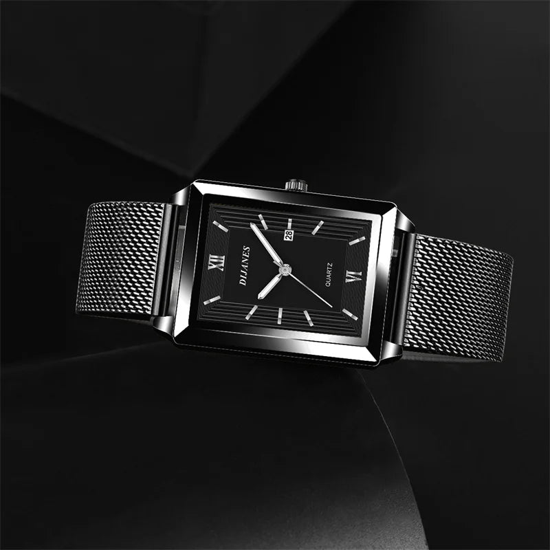 Mode hommes montres d'affaires hommes Rectangle en acier inoxydable maille ceinture Quartz montre-bracelet homme montre en cuir décontractée