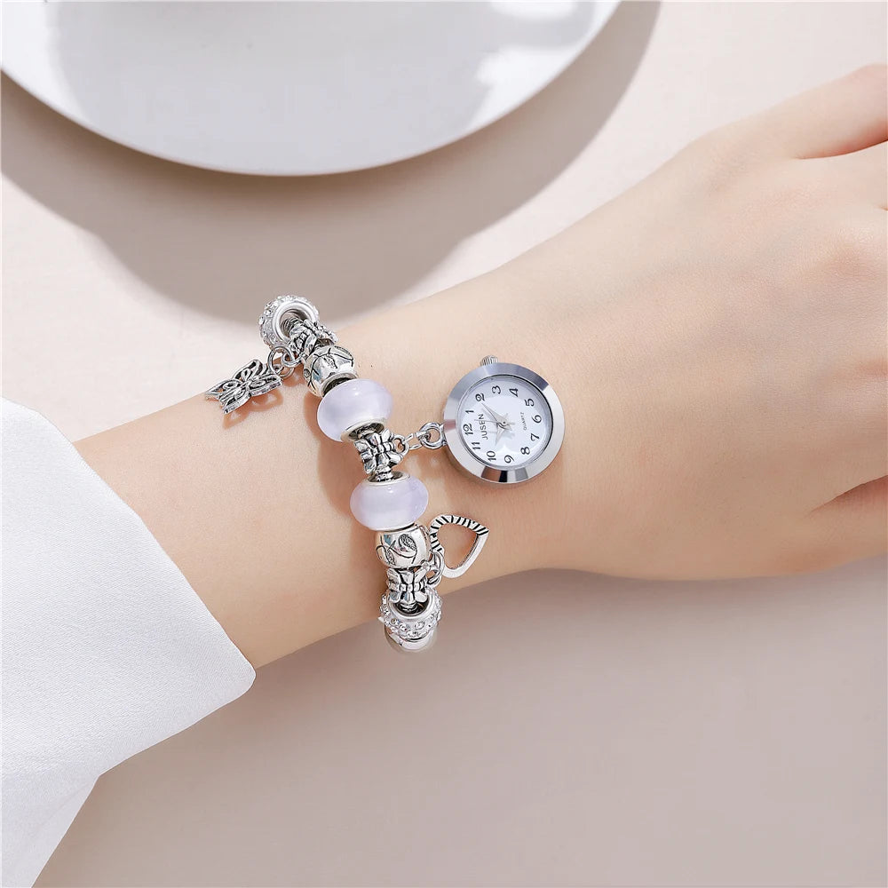 Rhinestone beaded bracelet Love butterfly Pendant Women's bracelet watch