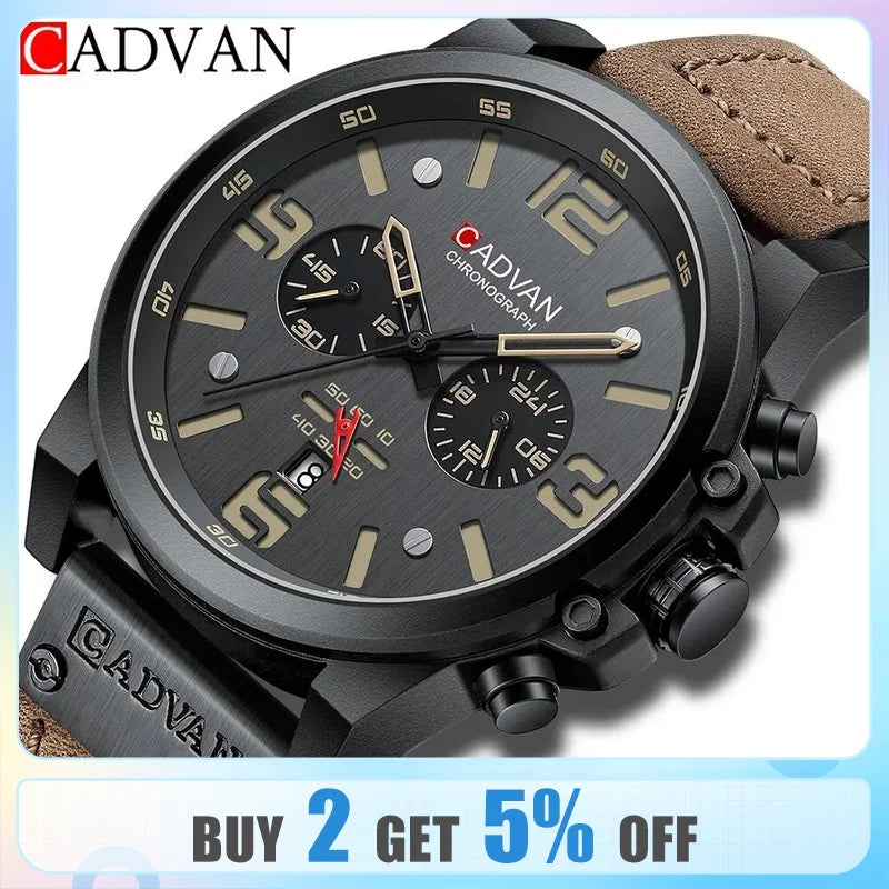 CADVAN Mens Watches Top Luxury Brand Waterproof Sport Wrist Watch Chronograph Quartz Military Genuine Leather Wrist Watch