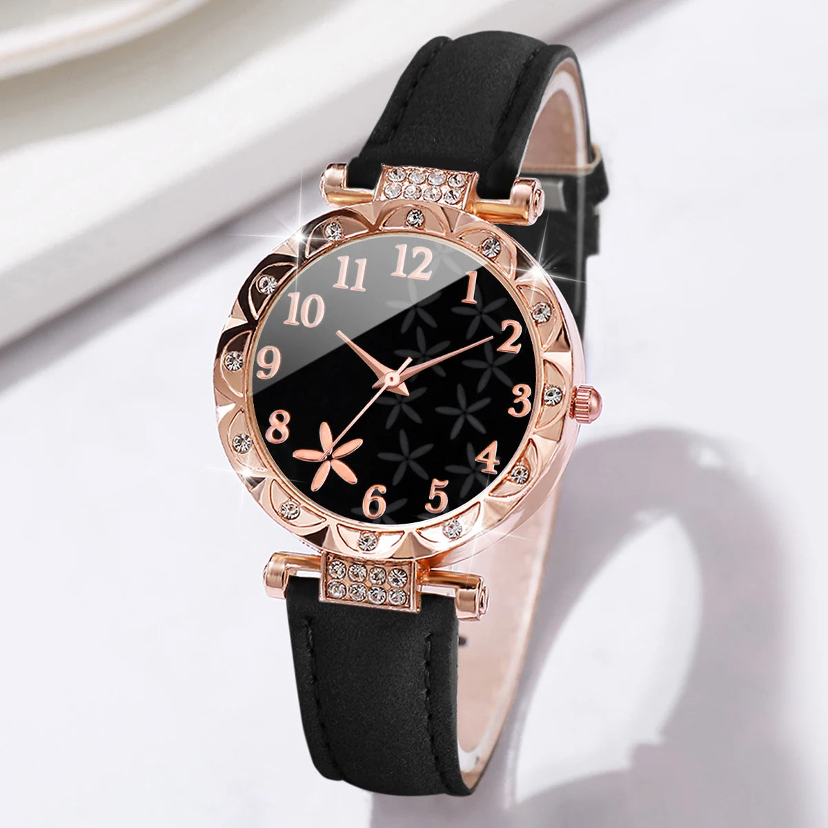 2PCS/Set Women Watches Rhinestone Heart Bracelet Set Fashion Flower Dial Female Leather Band Quartz Wristwatch