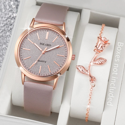 2PCC/Set Fashion Starry Sky Dial Women Watches Rose Flower Bracelet Set Ladies Casual Leather Band Quartz Wristwatch（Without Bo）