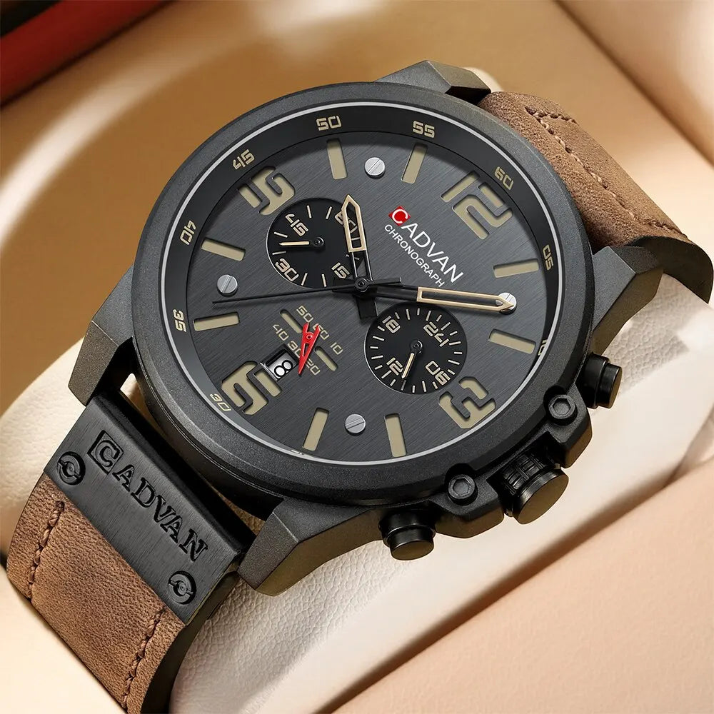 CADVAN Mens Watches Top Luxury Brand Waterproof Sport Wrist Watch Chronograph Quartz Military Genuine Leather Wrist Watch