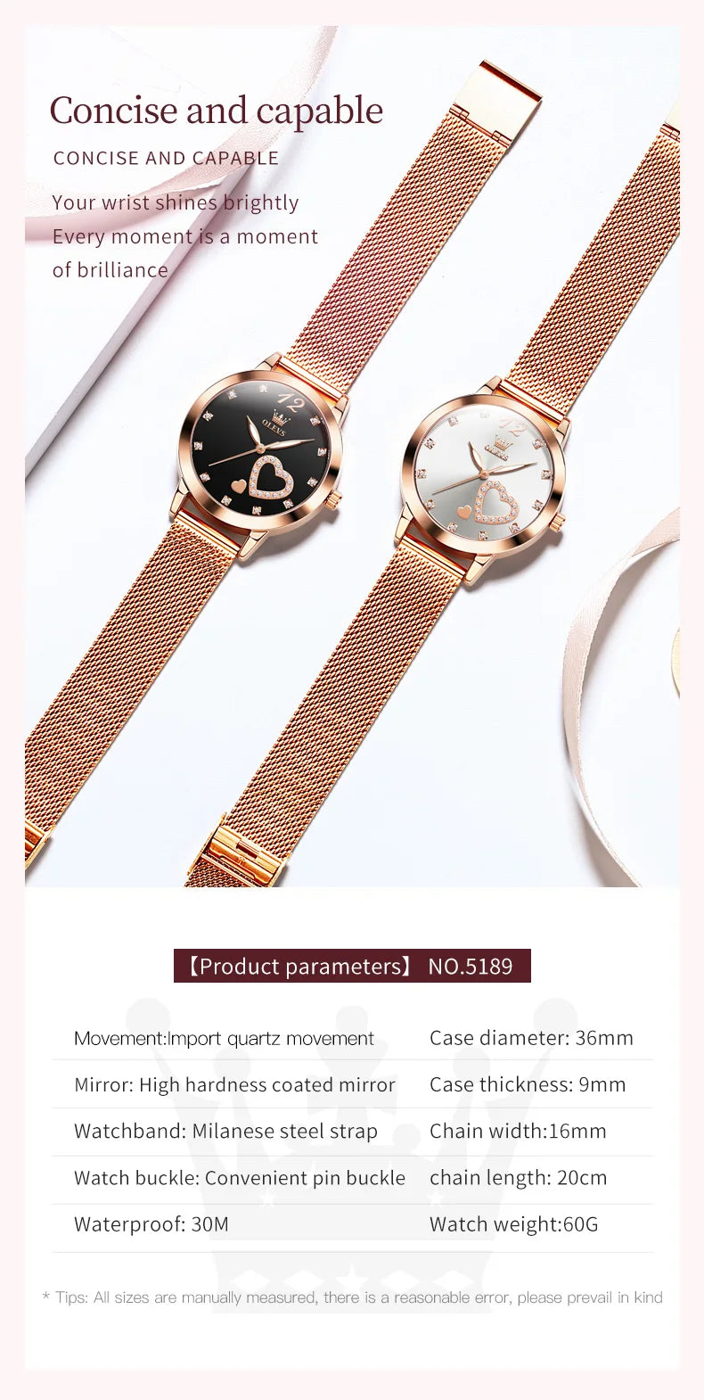 OLEVS Women Watches Japanese Quartz Waterproof Wristwatch Stainless Steel Strap Fashion Dress Luminous Diamond Face Lady Watch