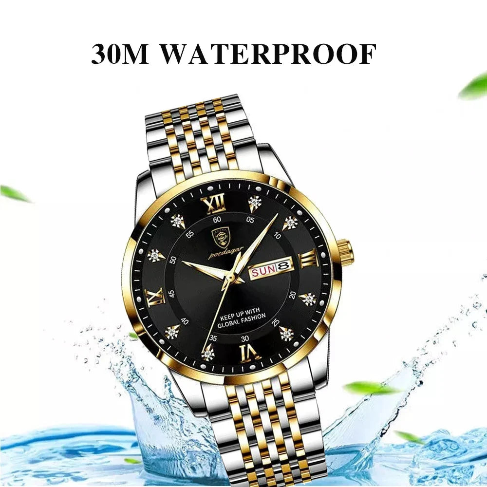 POEDAGAR Men Watch Stainless Steel Top Quailty Luxury Push Button Hidden Clasp Waterproof Luminous Date Week Sport Wrist Watches