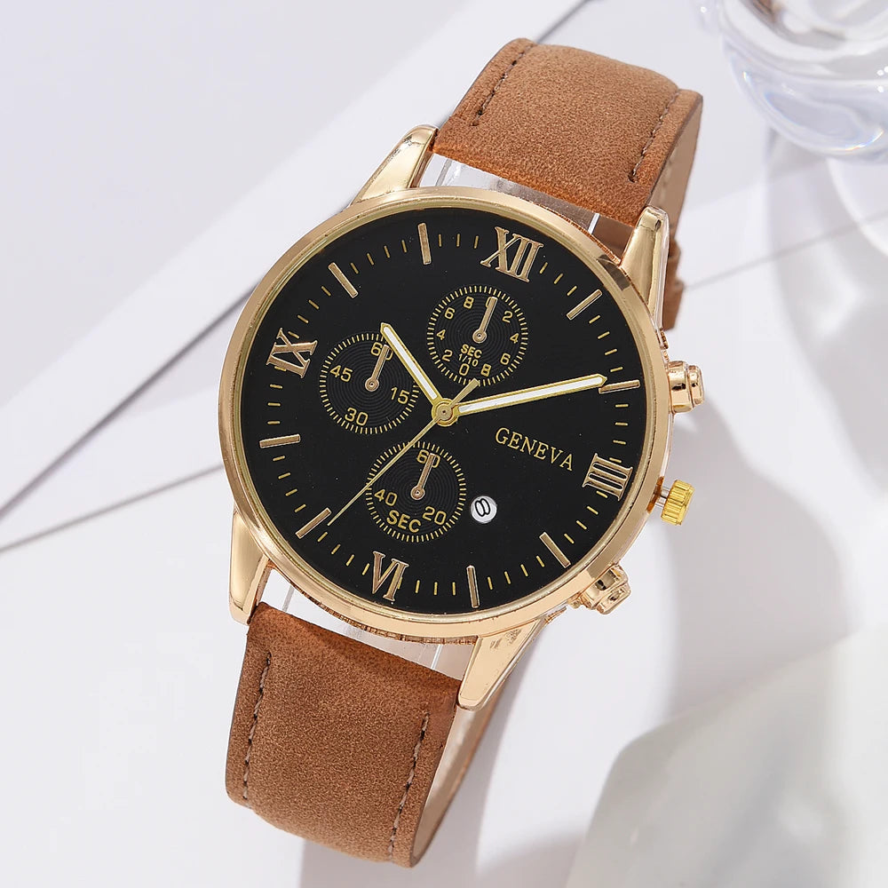 New Men Watch Luxury Bracelet Set Fashion Business Brown Leather Quartz Wrist Watches For Men Gift Set Relogio Masculino