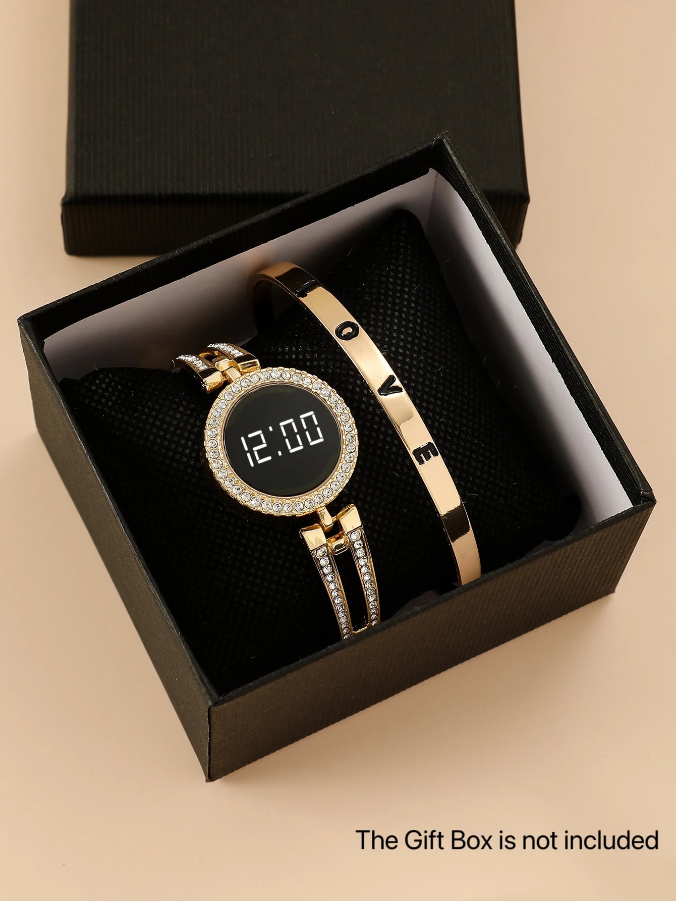 A Women's Gold Fashion Digital Watch With Rhinestones And A Love Bracelet. For Daily Life