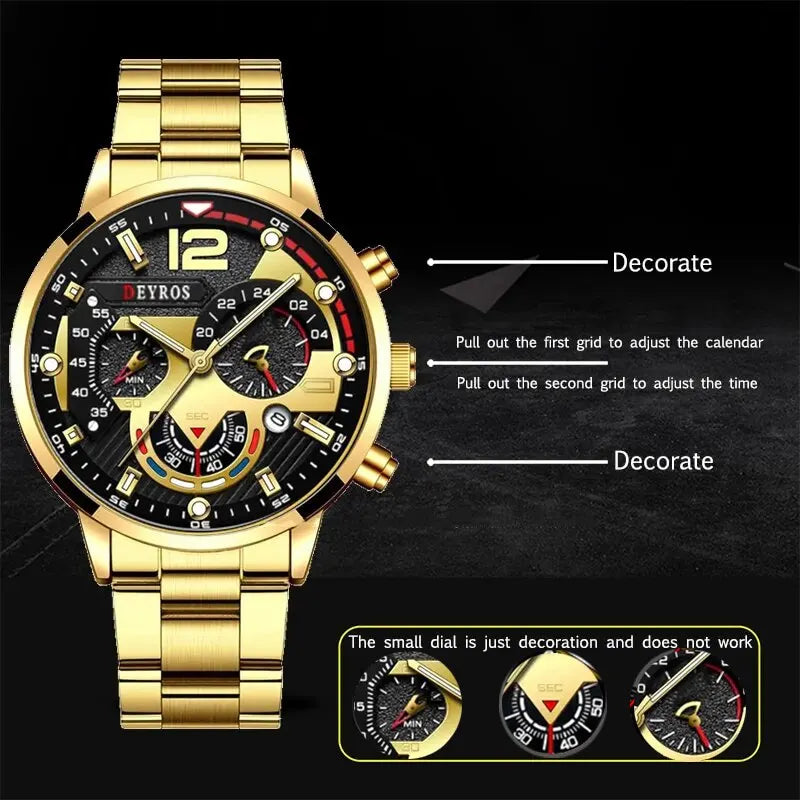 3PCS Set Fashion Mens Business Watches Male Casual Stainless Steel Quartz Wristwatch Men Gold Necklace Bracelet Wrist Watch