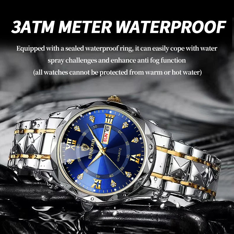 BINBOND Top Brand Luxury Man Wristwatch Waterproof Luminous Date Week Men Watches Stainless Steel Quartz Men's Watch Male reloj