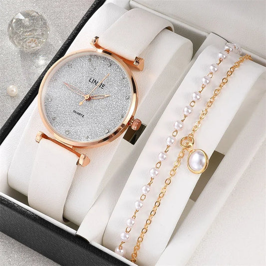 2pcs Set 2024 Ladies Watch Fashion Starry Dial Bracelet Women's Leather Strap Quartz Wristwatch Women Simple Watches reloj mujer