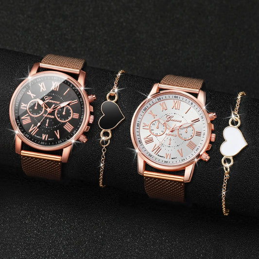 2PCS/Set Fashion Women Watch Heart Bracelet Set Geneva Watch Casual Plastic Band Ladies Quartz Wristwatches