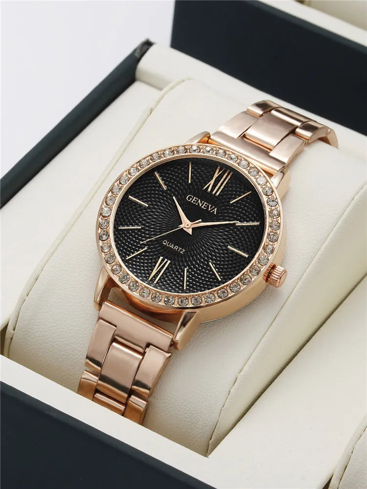 Simple and Luxury Women's Quartz Steel Band Watch+Jewelry Three Piece Set