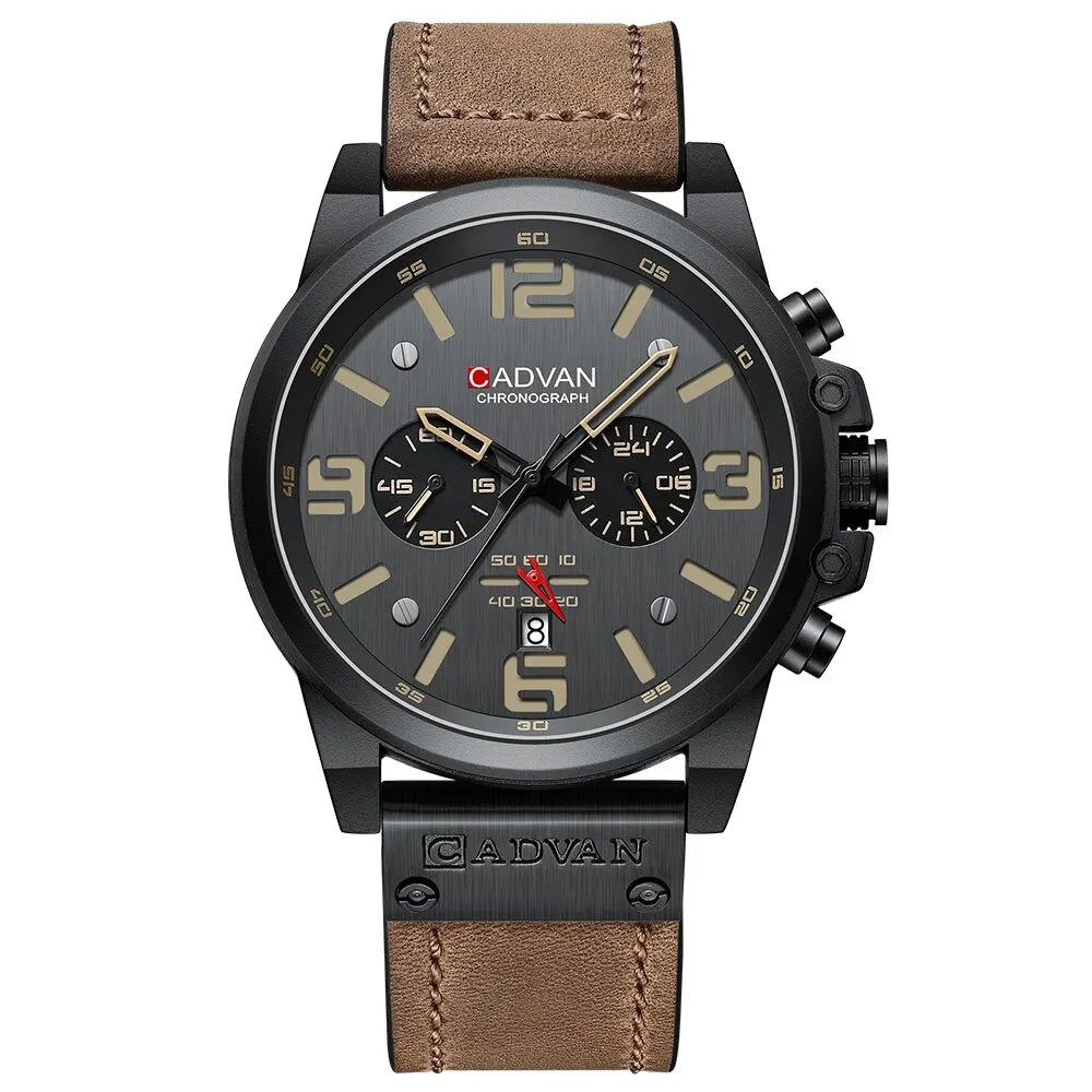 CADVAN Mens Watches Top Luxury Brand Waterproof Sport Wrist Watch Chronograph Quartz Military Genuine Leather Wrist Watch