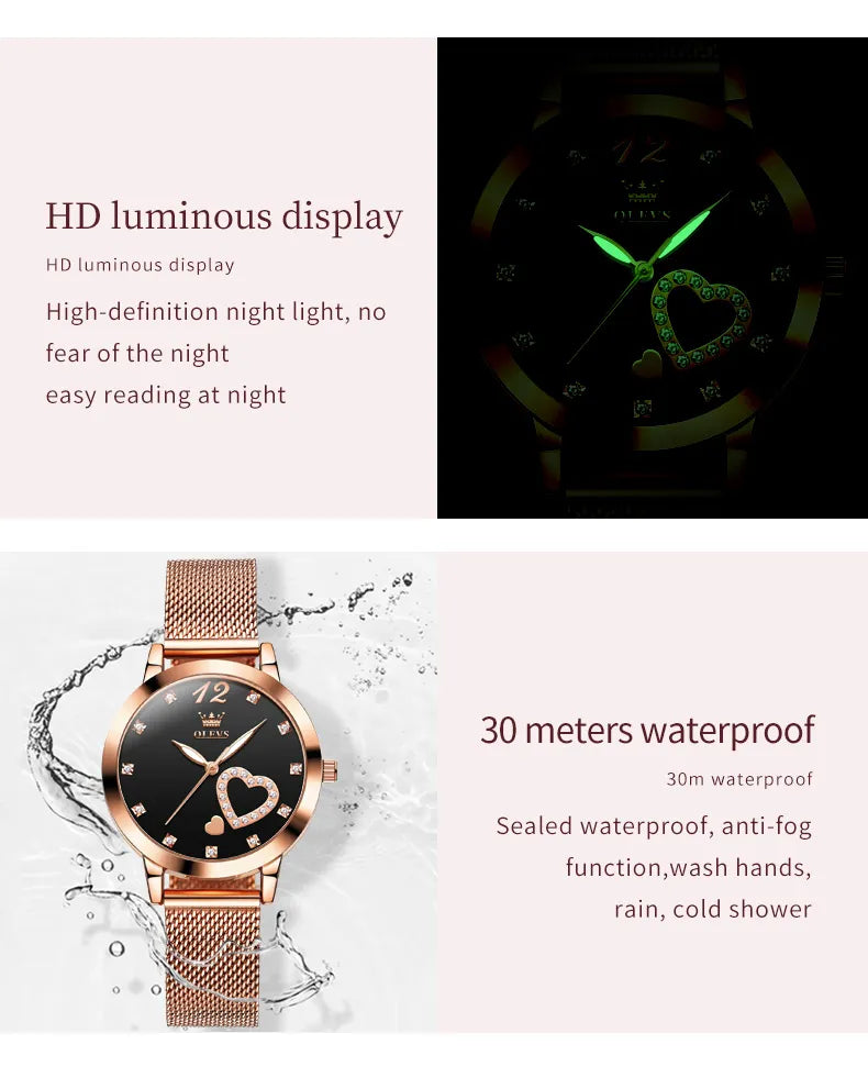 OLEVS Women Watches Japanese Quartz Waterproof Wristwatch Stainless Steel Strap Fashion Dress Luminous Diamond Face Lady Watch