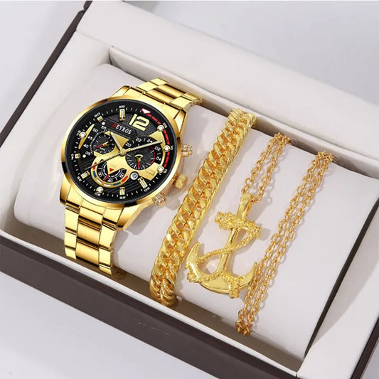 3PCS Set Fashion Mens Business Watches Male Casual Stainless Steel Quartz Wristwatch Men Gold Necklace Bracelet Wrist Watch