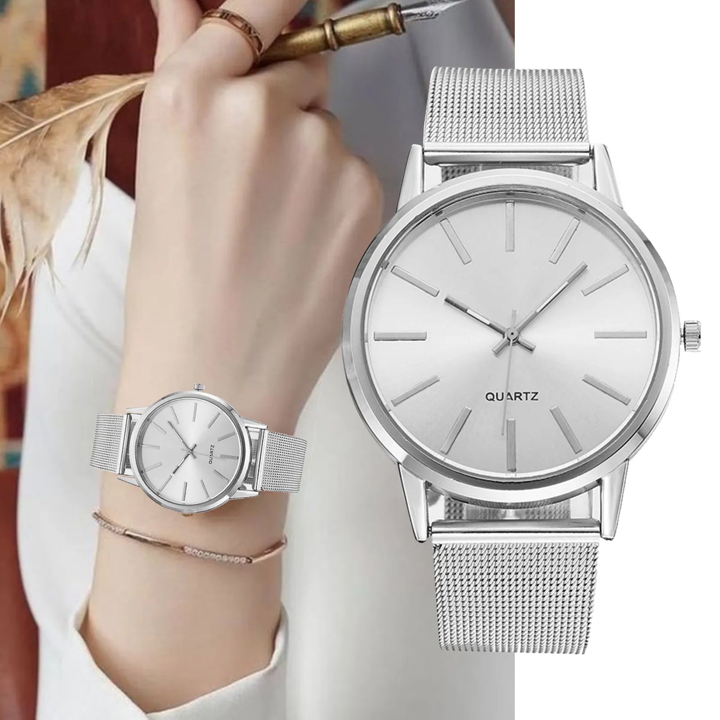 Luxury Women Watches 2024 New Stylish Silver Minimalist Business Ladies Quartz Watch Breathable Leather Steel Clock Reloj Mujer