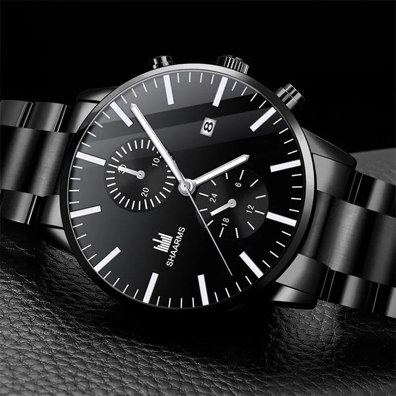 Montre à Quartz pour hommes, mode Business, faux trois yeux, Six broches, calendrier, montre avec ceinture en acier inoxydable