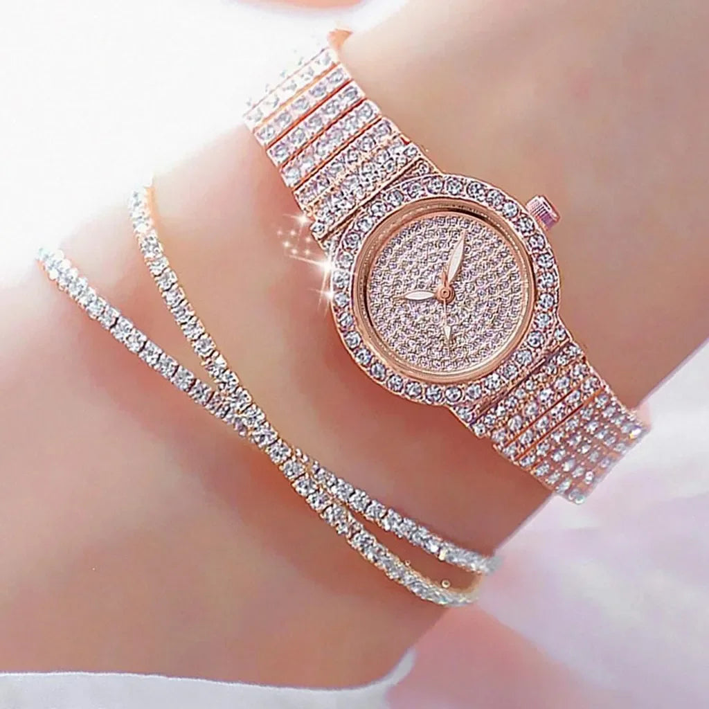 3pcs Watches Set Fashion Rhinestone Watch Women Luxury Crystal Rose Gold Quartz Watch Ladies Wristwatch Female Clock