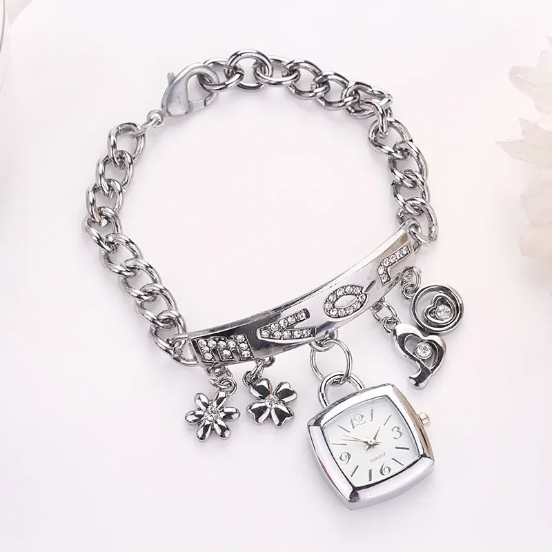 Women Watches with Letters Rhinestone Inlaid Chain Bracelet Flower Pendant Wrist Watch Ladies Dress Watches Gift Zegarek Damski