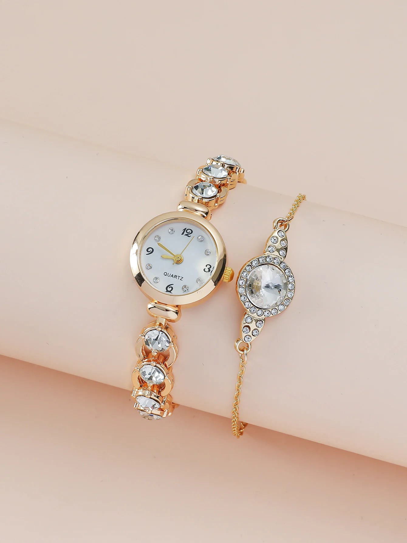 A Classic Fashion Women's Quartz Watch With Rhinestones And A Women's Bracelet With Diamonds. For Daily Life