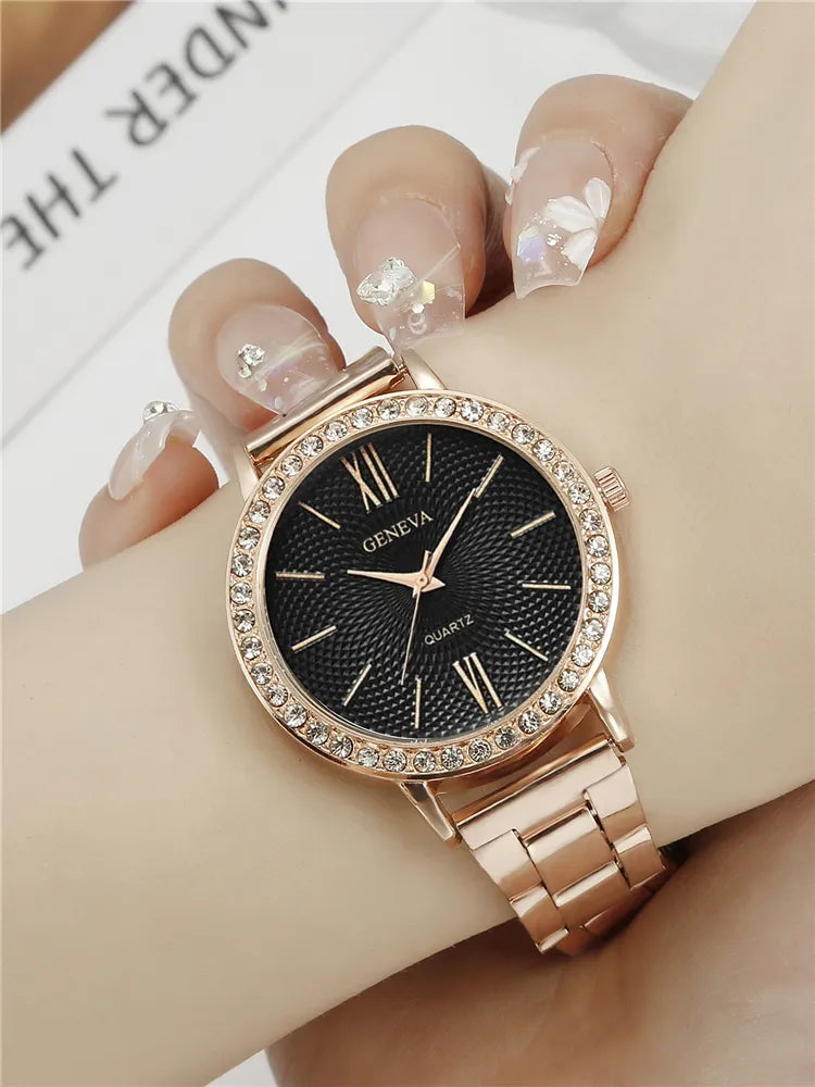 Simple and Luxury Women's Quartz Steel Band Watch+Jewelry Three Piece Set