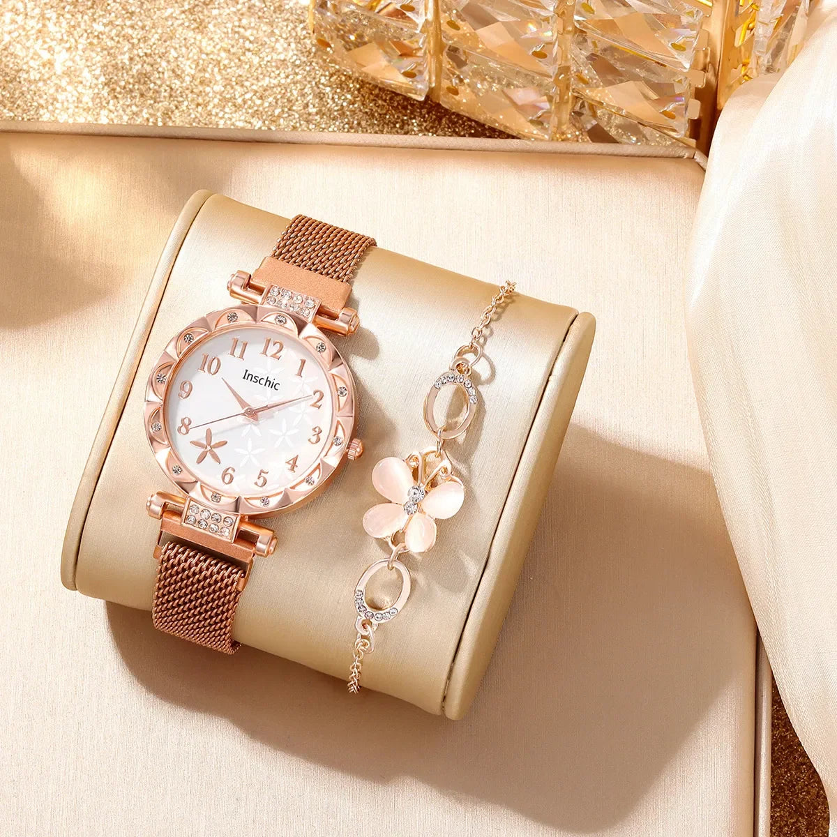 2 PCS New Women's Small  Digital Rhinestone Star Quartz Watch Luxury Butterfly Jewelry Bracelet Birthday Gift Set