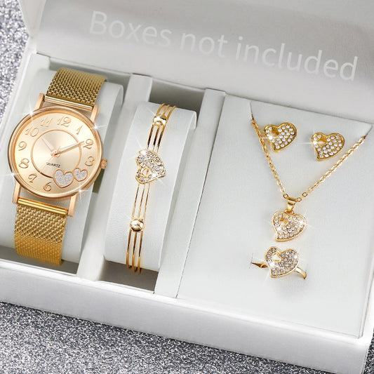 5PCS/Set Fashion Women Quartz Watch Diamond Heart Jewelry Set Plastic Band Female Wristwatches（Without Box）