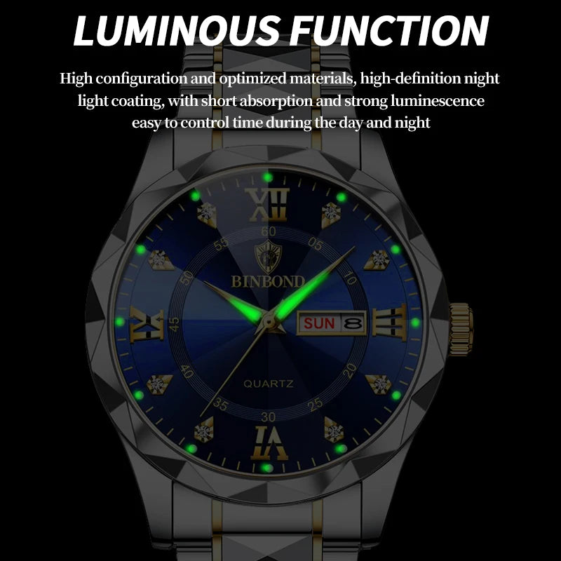 BINBOND Top Brand Luxury Man Wristwatch Waterproof Luminous Date Week Men Watches Stainless Steel Quartz Men's Watch Male reloj