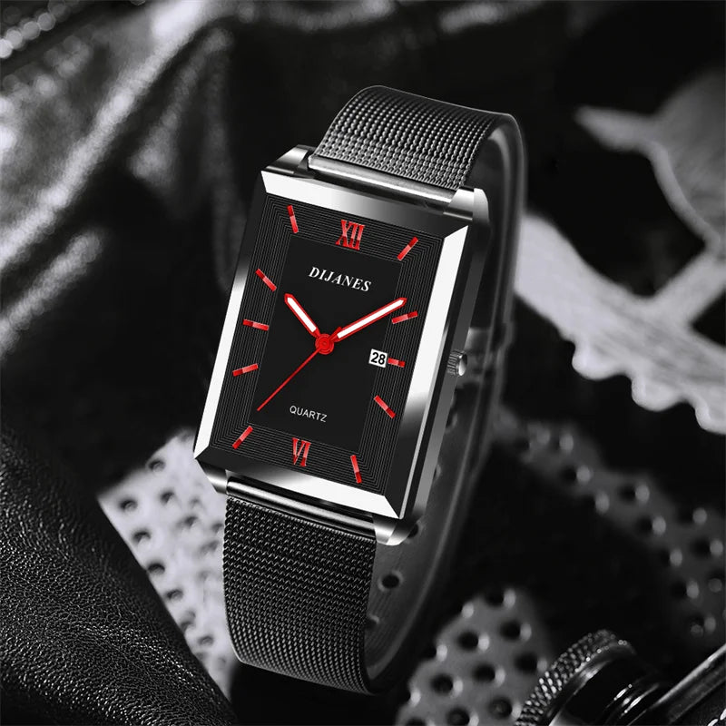 Mode hommes montres d'affaires hommes Rectangle en acier inoxydable maille ceinture Quartz montre-bracelet homme montre en cuir décontractée