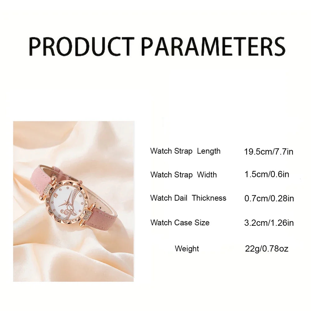 Luxury Watch Women Ring Necklace Earrings Bracelet Set Watches Butterfly Leather Strap Ladies Quartz WristWatch No Box