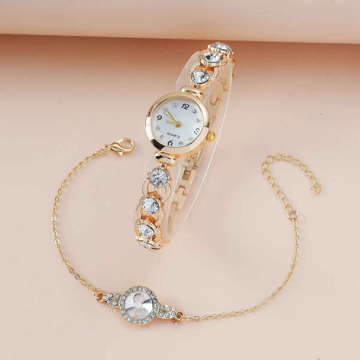 A Classic Fashion Women's Quartz Watch With Rhinestones And A Women's Bracelet With Diamonds. For Daily Life