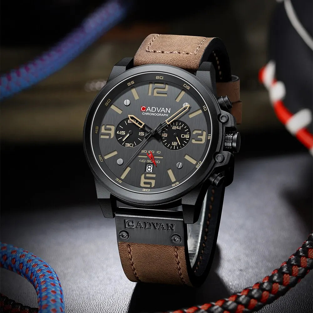 CADVAN Mens Watches Top Luxury Brand Waterproof Sport Wrist Watch Chronograph Quartz Military Genuine Leather Wrist Watch