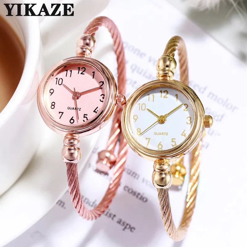 YIKAZE Women Watches Small Gold Bangle Bracelet Watch Stainless Steel Retro Ladies Quartz Wristwatch Clock Fashion Dress Watch