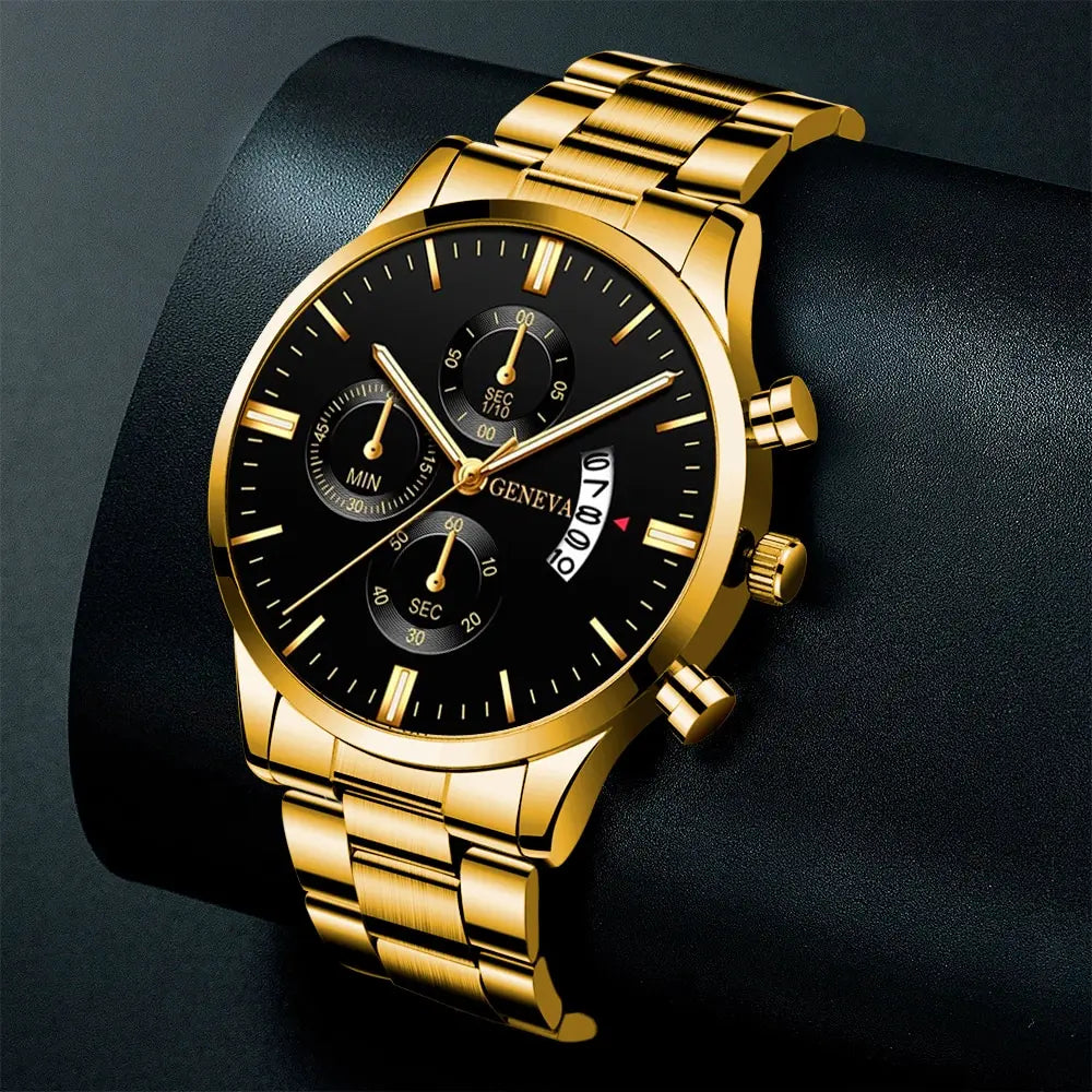 2024 Fashion Men Gold Stainless Steel Watch Luxury Calendar Quartz Wrist Watch Mens Business Watches for Man Clock Reloj Hombre