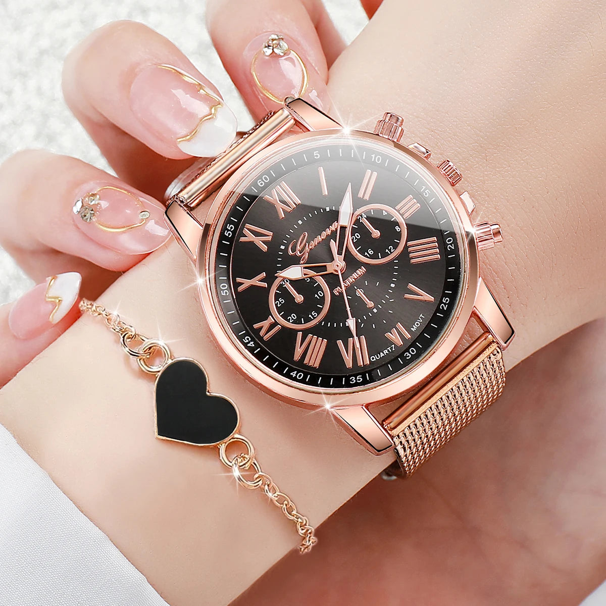 2PCS/Set Fashion Women Watch Heart Bracelet Set Geneva Watch Casual Plastic Band Ladies Quartz Wristwatches